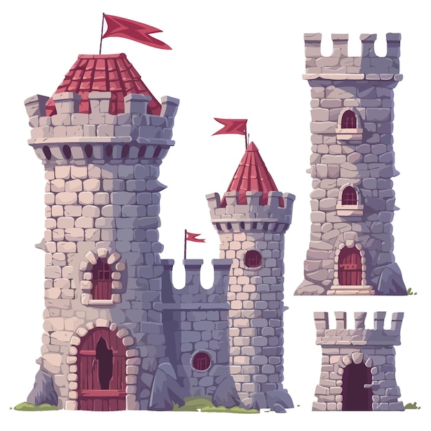 Vector castillo medieval con torre alta y muro vectorial