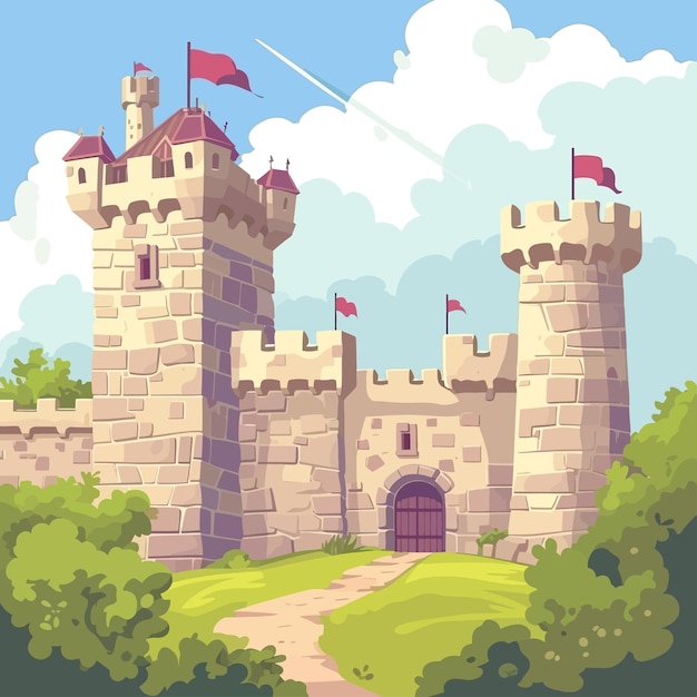 Vector castillo medieval con torre alta y muro vectorial
