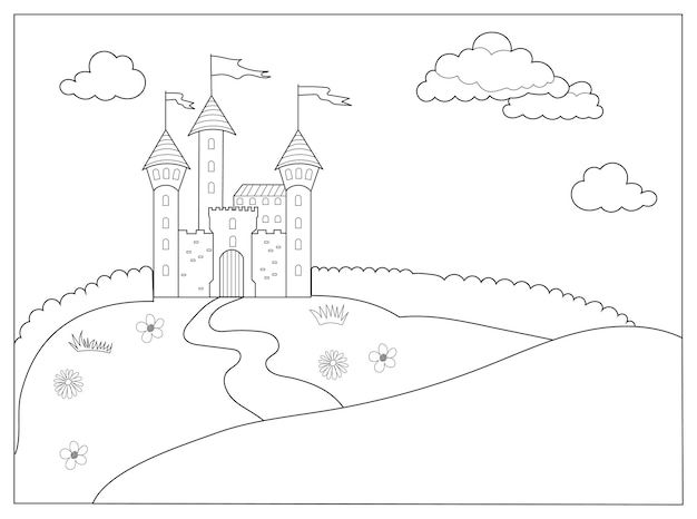 Castillo en la montaña vector libro para colorear para niños