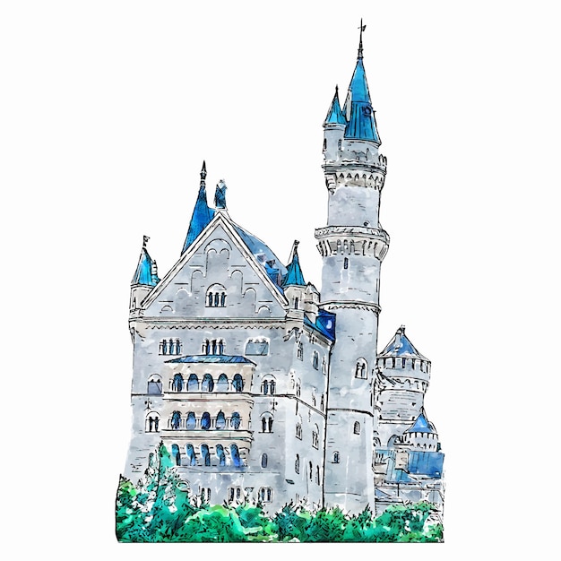 Vector castillo de neuschwanstein alemania acuarela ilustración dibujada a mano aislada sobre fondo blanco