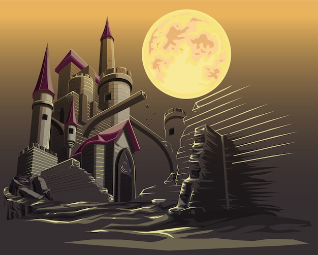 Vector castillo en la noche oscura y luna llena.
