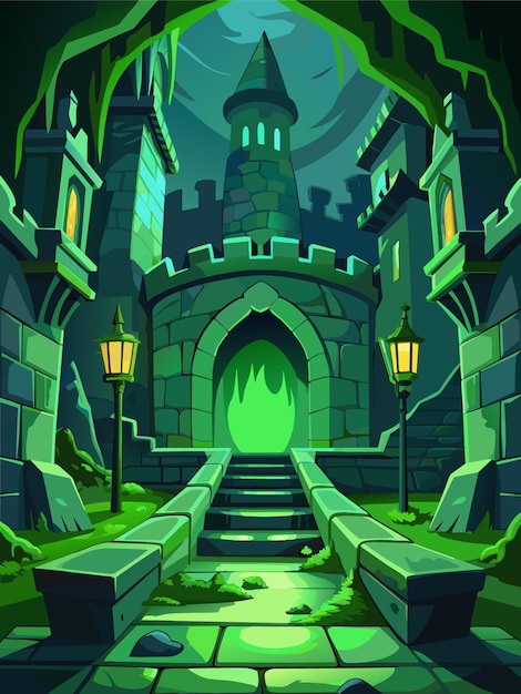 Vector un castillo oscuro con una puerta verde y escaleras