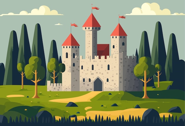 Vector el castillo parece sacado de un cuento de hadas distinguido por formas de torre únicas, el castillo está cubierto con techos de cebolla y rodeado de jardines reales y caminos polvorientos privilegiados ilustración vectorial