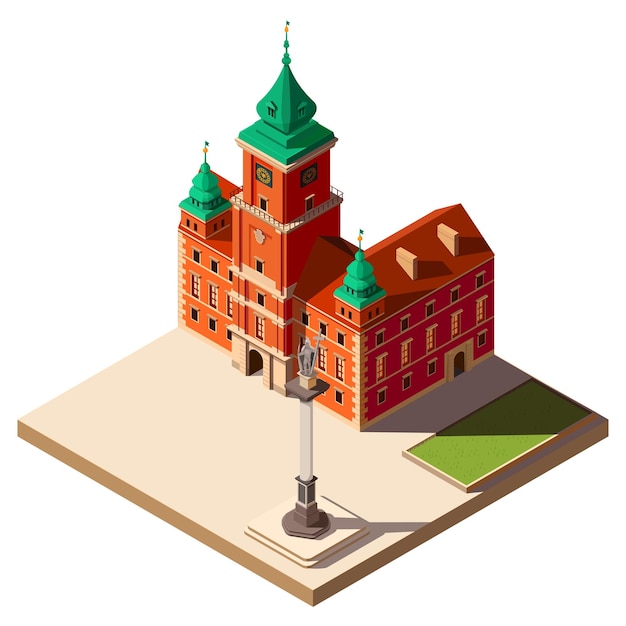 Castillo real isométrico en la plaza de varsovia en polonia ilustración vectorial