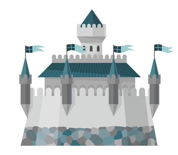 Castillo del reino medieval o fortaleza real. Edificio de cuento de hadas del período histórico de la Edad Media. Diseño exterior de edificios vectoriales.