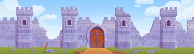 Castillo roto fortaleza abandonada después de la guerra campo de batalla caballero ciudadela antiguo palacio muralla de piedra ruinas dibujos animados palacio medieval torre viejo ladrillo de roca ingeniosa ilustración vectorial