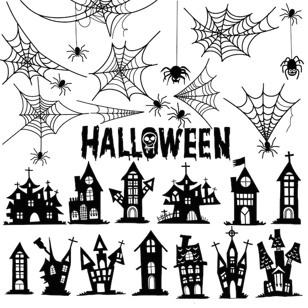 Castillo y telaraña Halloween. Casa y tela de araña Tempalate de ilustraciones. Diseño vectorial