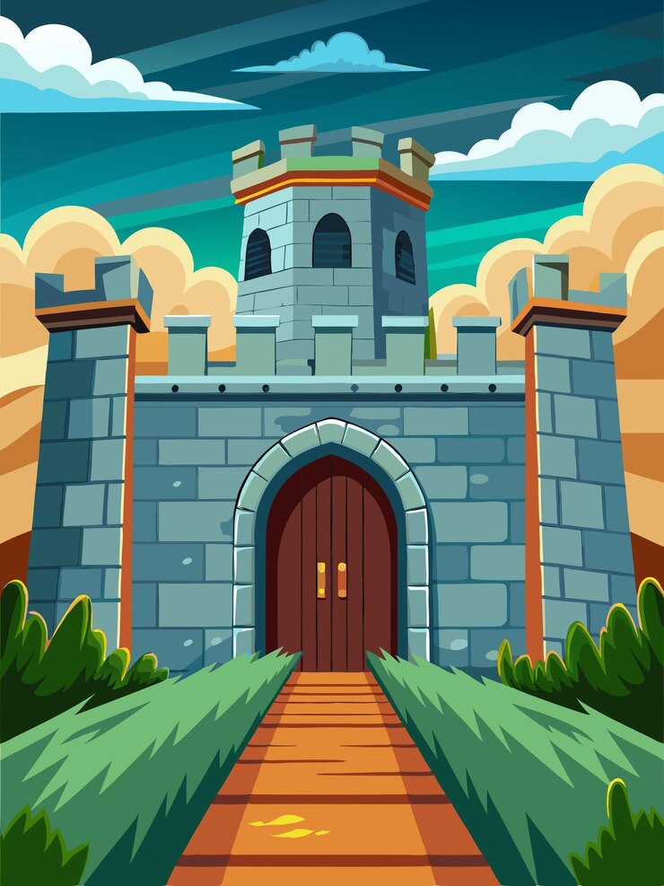 un castillo con una torre en la parte delantera y un césped