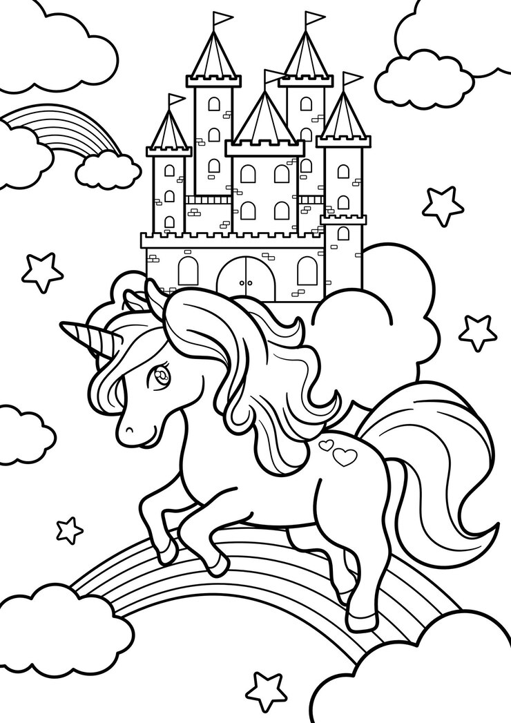 El castillo del unicornio el cielo página de colorear ilustración.