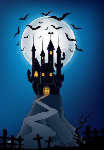 Vector castillo viejo en la noche halloween