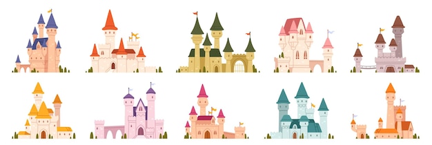 Vector castillos de dibujos animados torres medievales de cuentos de hadas edificio real antiguo lugar reino castillo de piedra mágica exterior con torre fortaleza y ciudadela palacio del rey y la reina conjunto vectorial