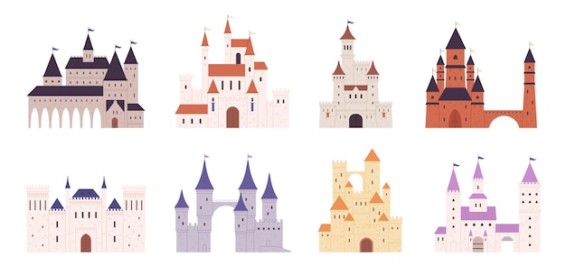 Castillos de fantasía de dibujos animados exterior castillo y torres medievales fortalezas de piedra arquitectura de cuentos de hadas edificios fortificados góticos conjunto vectorial racy