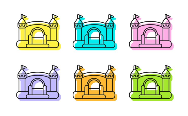 Vector castillos hinchables inflables con diseño europeo medieval conjunto de iconos de contorno colorido vectorial
