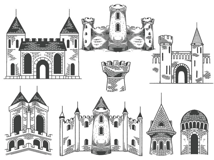 Castillos medievales dibujados a mano dibujando edificios antiguos establecidos en grabado de estilo vectorial blanco y negro