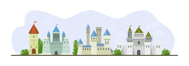 Castillos medievales y edificios de pueblos de fondo horizontal. Hito de la arquitectura del reino