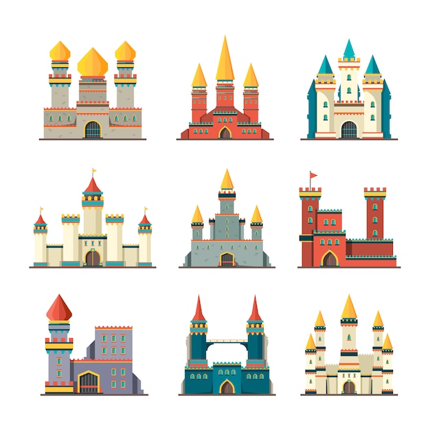 Castillos medievales. torre del palacio construcciones de cuento de hadas edificios de dibujos animados castillos planos fotos