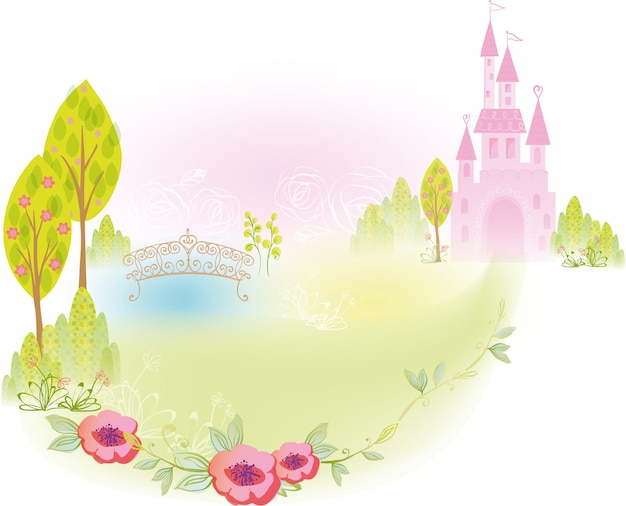 Vector castle palace con ilustración de fondo de puente y jardín para diseño de princesa de cuento de hadas