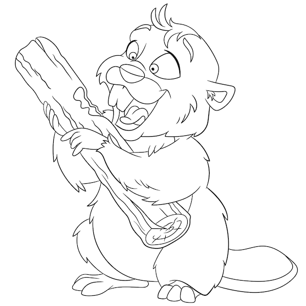 Castor divertido comiendo. Página del libro de colorear de dibujos animados para niños.