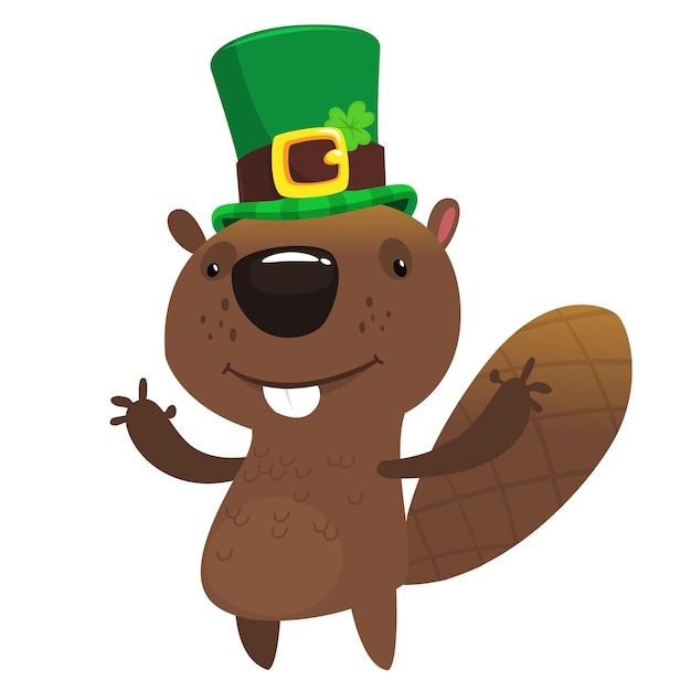 Castor feliz de dibujos animados con sombrero de San Patricio con un trébol Ilustración vectorial para el diseño de carteles de la fiesta del Día de San Patricio