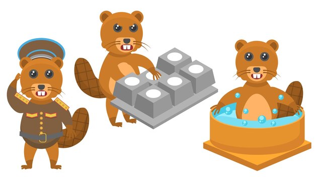 Castores animales disfrutando en el jacuzzi, saludos militares, presiona un botón en un teclado grande