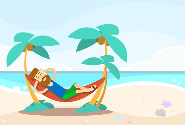 Casual hombre acostado en hamaca marino vacaciones en la playa