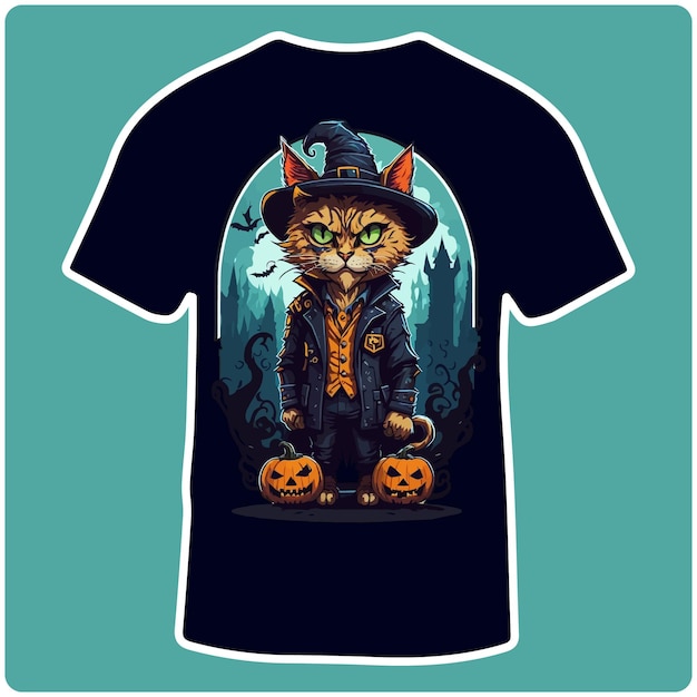 Vector cat witch scary and pumpkin halloween ilustración diseño de camiseta