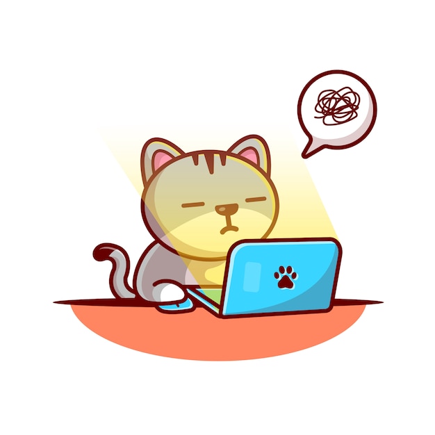 Cat working en la ilustración del vector de la computadora portátil. gato y portátil. concepto animal blanco aislado