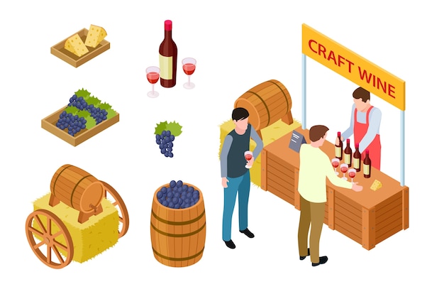 Cata de vinos artesanales. Concepto isométrico de vinificación. Vector de uvas, queso, puesto en el mercado, barril de madera