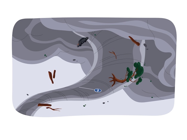 Vector cataclismo climático desastre natural elevación de huracanes levanta árboles tifón peligroso torbellino tornado cielo oscuro mal tiempo coche volador en tornado vórtice poder de la naturaleza ilustración de vector plano