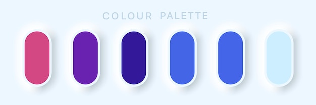 Catálogo de paleta de guías. Cian azul violeta multicolor. Muestras Pastel y RGB HEX. Botones de colores suaves o esferas de colores vivos planas. Ilustración de vector de neomorfismo
