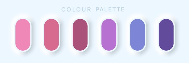 Catálogo de paleta de guías. Cian rosa púrpura multicolor. Muestras Pastel y RGB HEX. Botones de colores suaves o esferas de colores vivos planas. Ilustración de vector de neomorfismo.
