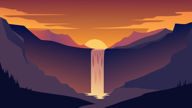 Catarata en Islandia iluminada por una puesta de sol vibrante que muestra la belleza y la tranquilidad de la naturaleza ilustración vectorial plana fondo natural