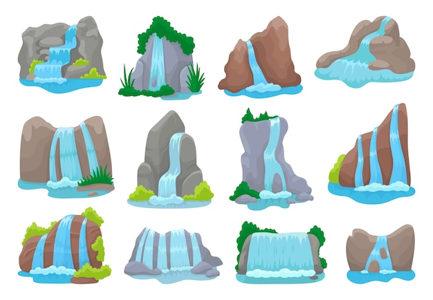 Cataratas aisladas Cataratas de dibujos animados Elementos del paisaje natural Ríos y lagos Montañas rocas y árboles Corrientes de agua Conjunto de vectores neotéricos turísticos