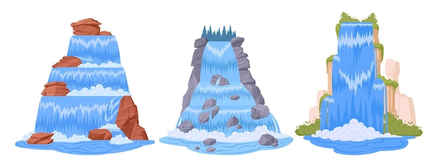 Vector cataratas de dibujos animados cascadas de agua fluvial catarata de río con rocas y árboles ilustración vectorial plana conjunto de cascadas de naturaleza salvaje