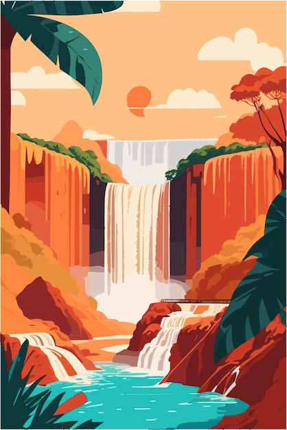 Cataratas del iguazú de brasil en la temporada de verano con colores cálidos ilustración plana