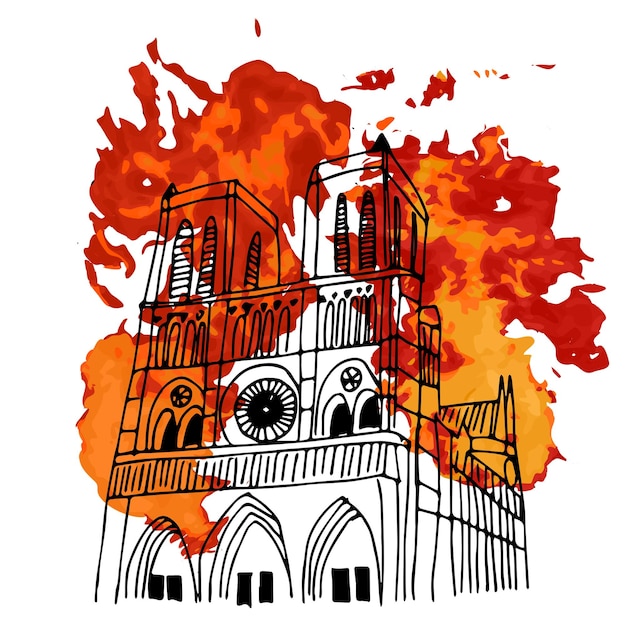 Vector catedral de notre dame de parís en llamas postal de dibujo vectorial