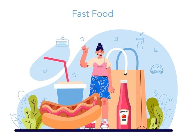Catering de comida rápida. Hamburguesa, shawarma, perritos calientes. Trabajador de comida rápida preparando comida chatarra sabrosa. Servicio de comida a domicilio. Ilustración plana