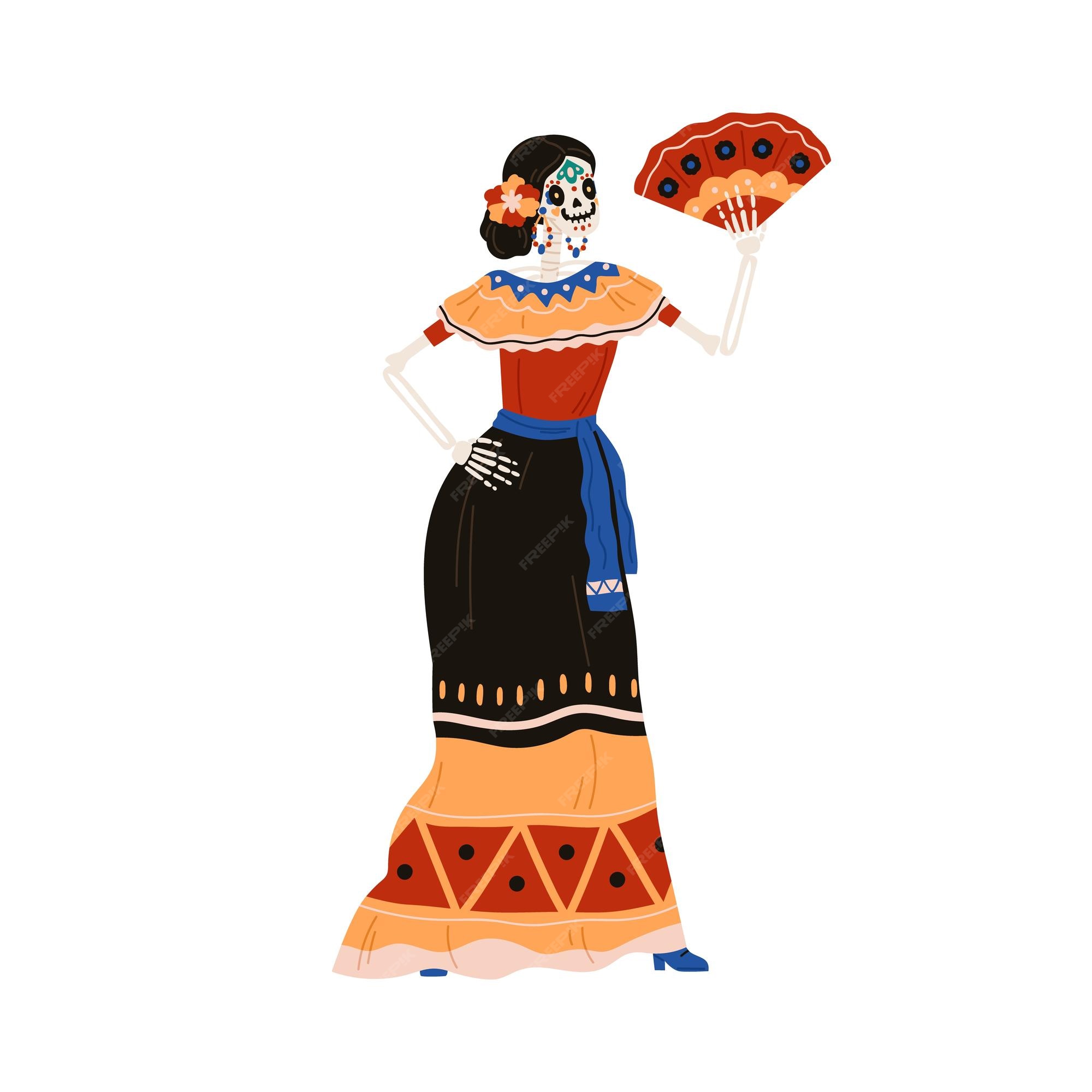 Catrina calavera esqueleto con abanico en vestido, flores. mujer disfrazada de katrina garbancera para el dia de los muertos, fiesta mexicana del día de los muertos. ilustración de vector plano aislado sobre Catrina calavera esqueleto con abanico en vestido, flores. mujer disfrazada de katrina garbancera para el dia de los muertos, fiesta mexicana del día de los muertos. ilustración de vector plano aislado sobre