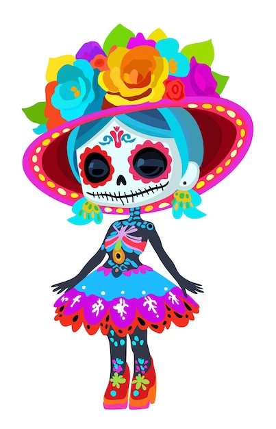 Catrina Símbolo femenino del Día de los Muertos Chica muerta linda y brillante Ilustración aislada vectorial