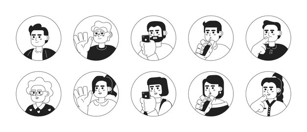 Caucásicos de diferentes edades en blanco y negro avatares vectoriales 2D paquete de ilustración europeos mujeres hombres contornos caricaturas caras aisladas jóvenes adultos personas maduras perfiles de usuario planos conjunto de imágenes