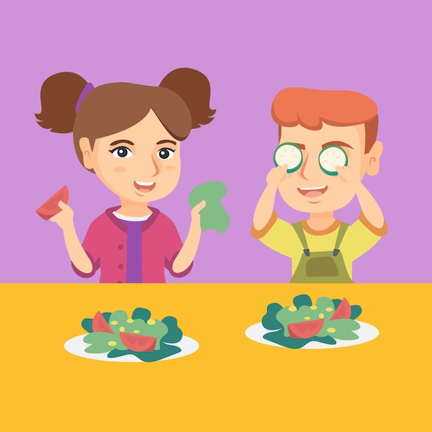 Vector caucásicos niño y niña jugando con verduras.