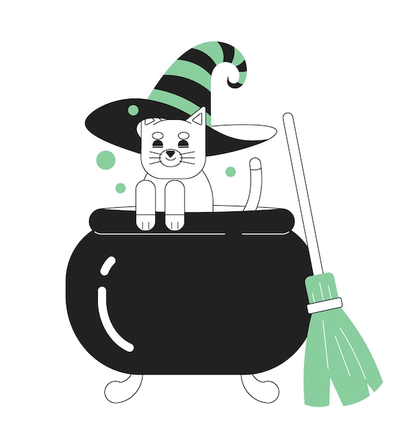 Cauldron cat monocromo concepto vector spot ilustración animal disfrazado de halloween 2d personaje de dibujos animados bw plano para diseño de interfaz de usuario web lindo gatito con sombrero de bruja aislado imagen de héroe dibujada a mano editable