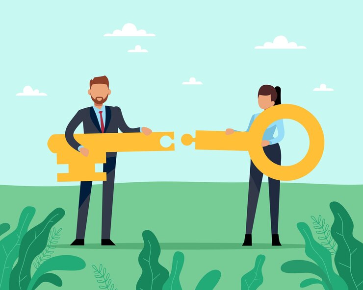 Vector causa común dos equipos de negocios cooperación y colaboración de personas empresario y mujer conectan partes de una clave enorme resolución de problemas conjuntos concepto de trabajo en equipo plano de dibujos animados vectoriales