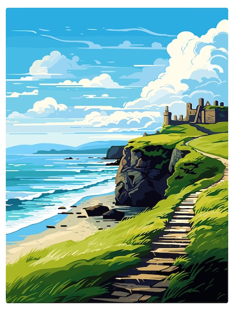 Vector causeway coast aonb cartel de viaje vintage souvenir tarjeta postal pintura de retratos ilustración de wpa