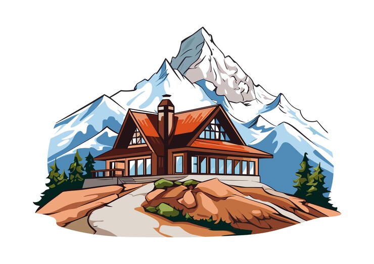 Una cautivadora ilustración vectorial de una encantadora casa de huéspedes u hotel y montaña