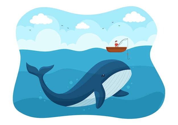 Vector caza de ballenas con ballenas capturadas por pescadores en medio del mar profundo para la venta en ilustración