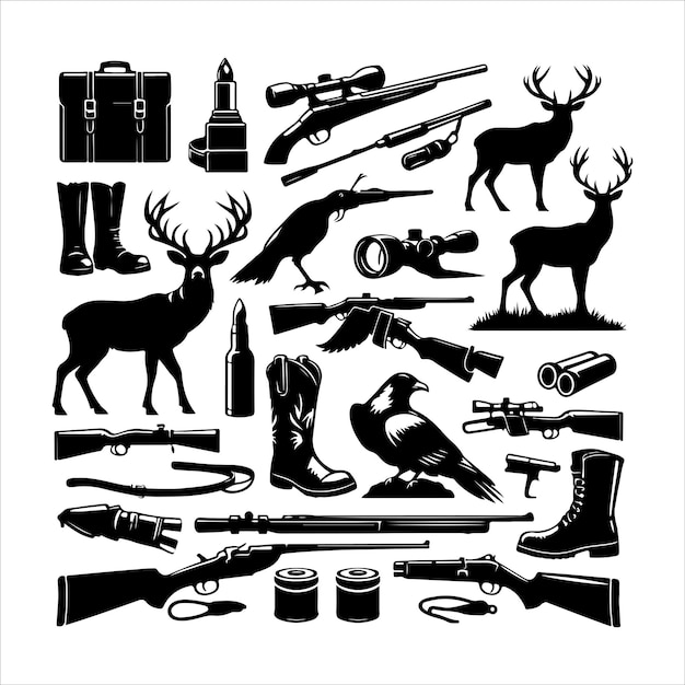 Caza Conjunto de elementos antiguos Colección de siluetas de ilustraciones vectoriales de caza