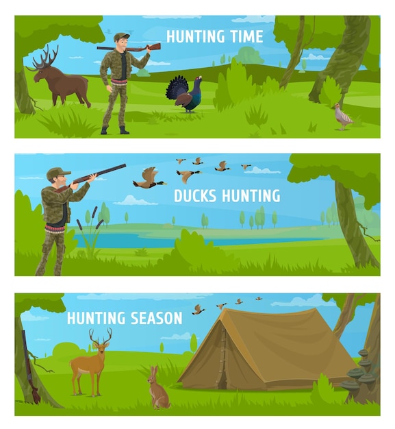 Vector caza deportiva y animales cazadores de patos y ciervos