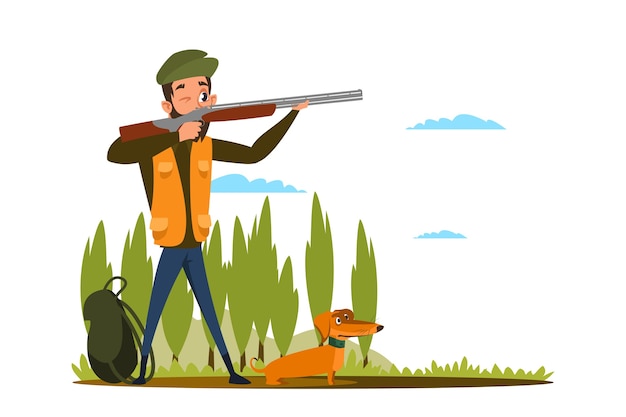 Vector caza con ilustración plana de perro arma, joven cazador preparándose para disparar personaje de dibujos animados, hombre apuntando, sosteniendo rifle, recreación en la naturaleza, pasatiempo al aire libre, ocio, hombre con perro salchicha en el bosque