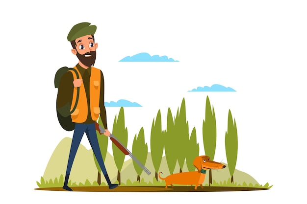 Cazador con dachshund y mochila sosteniendo rifle con mascota en la temporada de caza forestal chico buscando presa con perro de caza